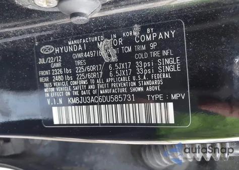 2013 Hyundai Tucson Gls из США, поврежденный, VIN KM8JU3AC6DU585731